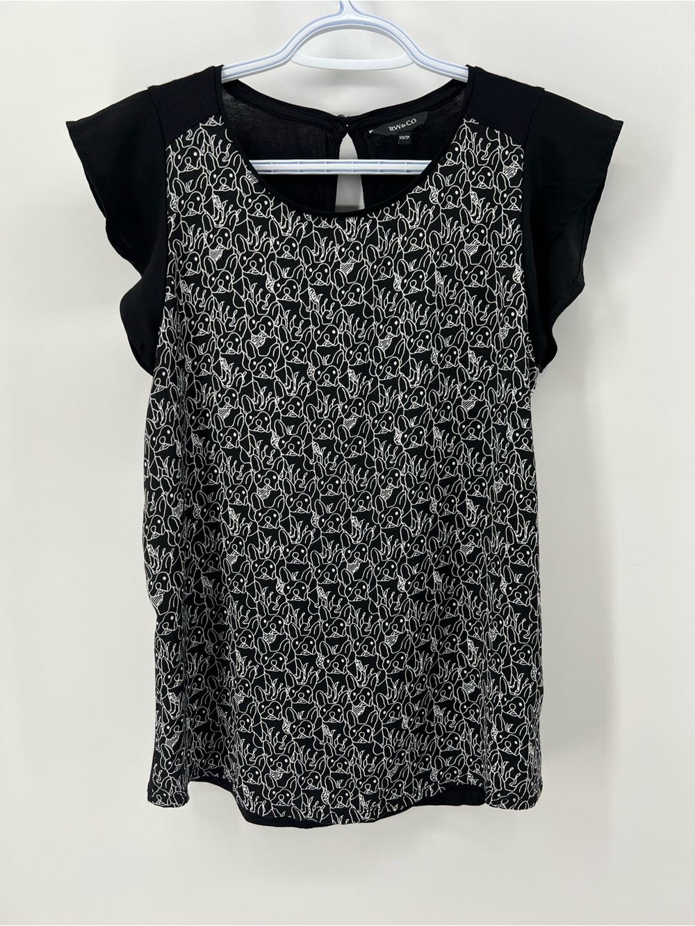 RW&CO. Women’s XS Black and White French Bulldog Print Cap Sleeve Blouse